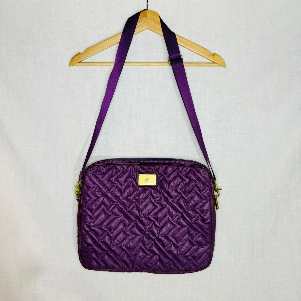 Tory Burch Purple Quilted Crossbody Laptop Bag Padded Tech Case Gold Hardware